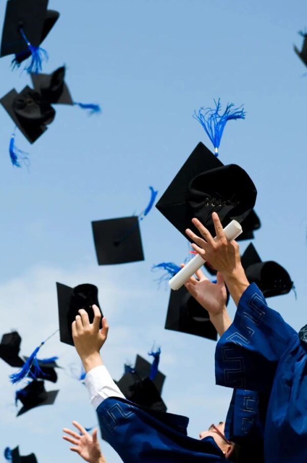 A group of people that are throwing their graduation hats in the air.