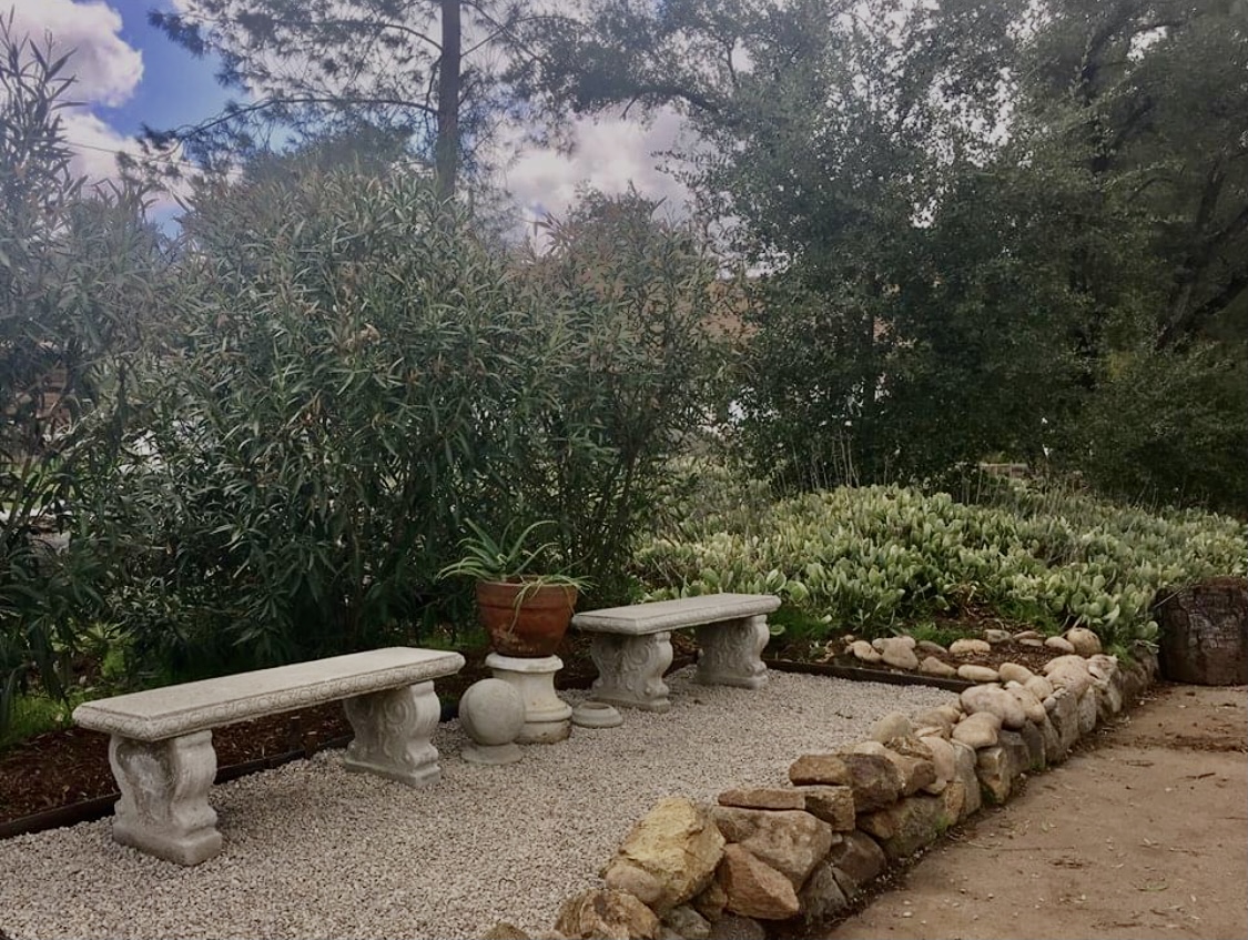 A stone bench in the middle of a garden.